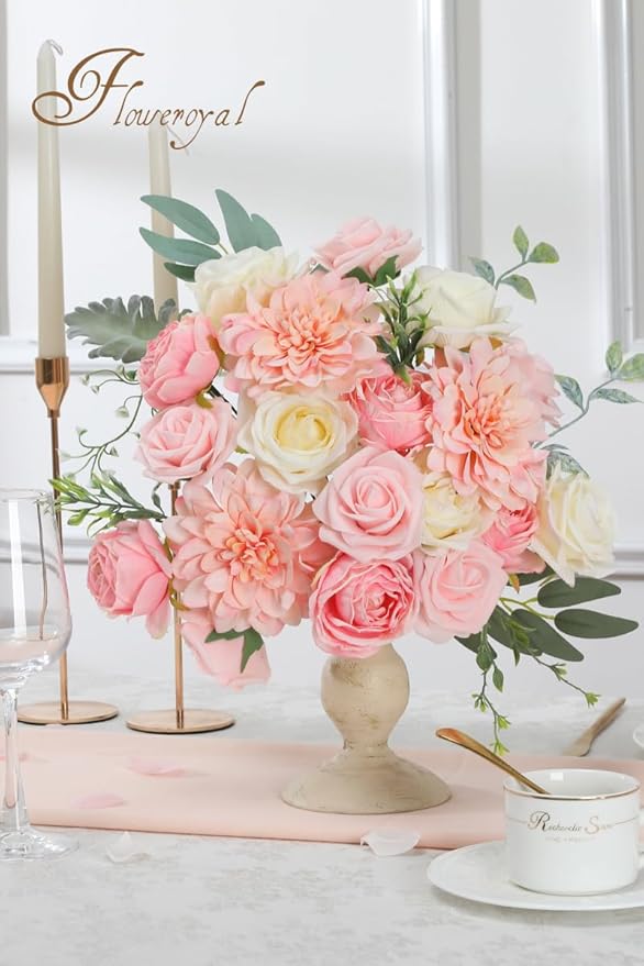Floweroyal Pink Artificial Flowers Fake Rose Flowers Dahlia - Image 3