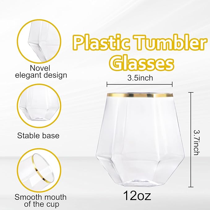 LUODA Gold Diamond Shaped Plastic Stemless Wine Glasses Set of 24, Disposable - Image 2