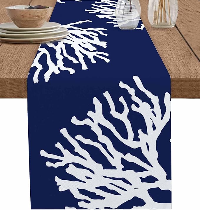 Coastal Coral Cotton Linen Table Runner by Unknown