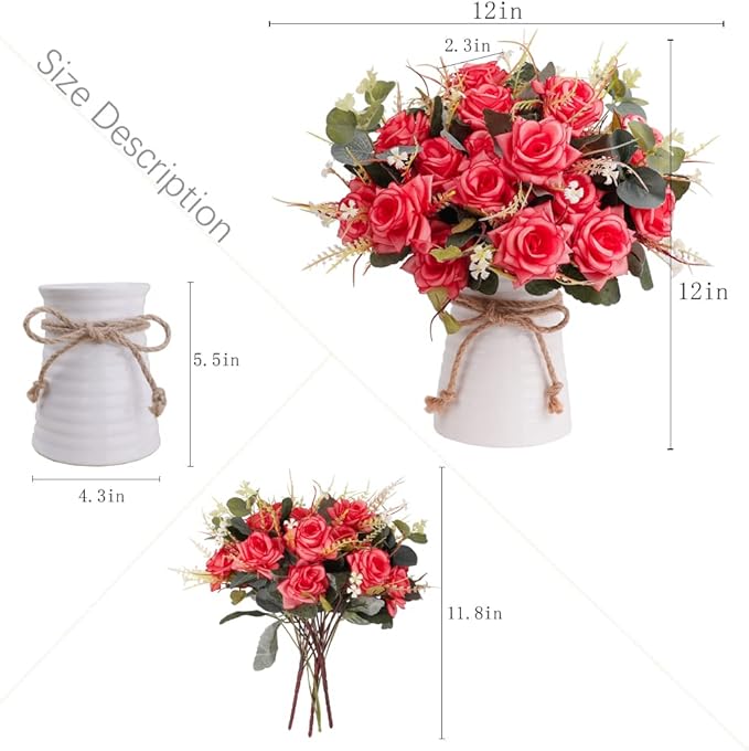 LESING Artificial Rose with Vase, Fake Silk Flowers Bouquets in Vase Table - Image 4