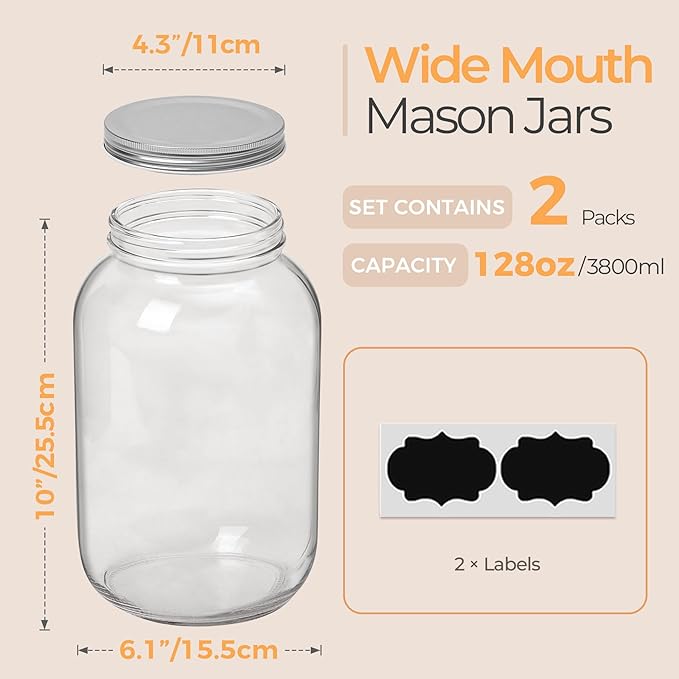 ComSaf 1 Gallon Wide Mouth Mason Jars 2 Pcs, 128 oz Glass Jars - Image 2