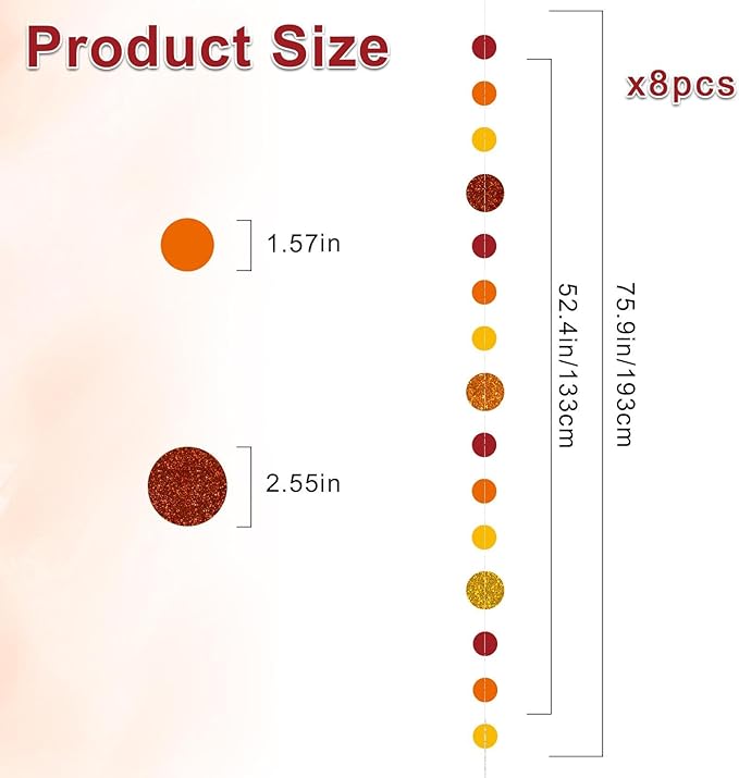 8 Pack Orange Red Glitter Dot Garland, Hanging Circle Streamers Banner - Image 3