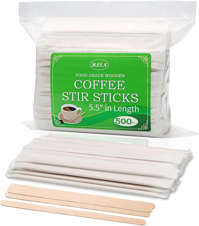 Wooden Coffee Stirrers Individually Wrapped, 500-Count 5.5 Inch Birch Stir by HLSN