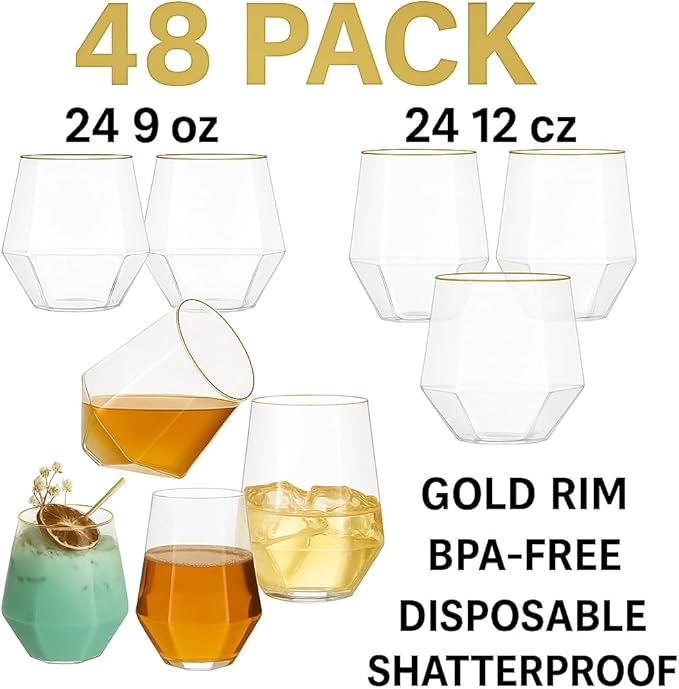 48 Pack Diamond Gold Rim Unbreakable Stemless Plastic Glasses 24 9oz Stemless - Image 3