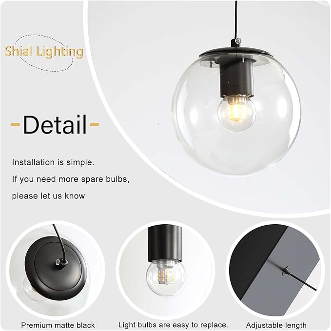 Globe Glass Pendant Light Modern Black Clear Globe Glass Chandelier Mid Century - Image 4