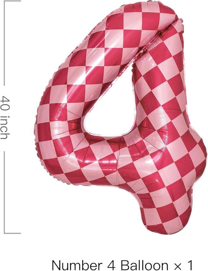 40 Inch Pink Checkered 4 Balloon Large Hot Pink Number Balloons - Image 2