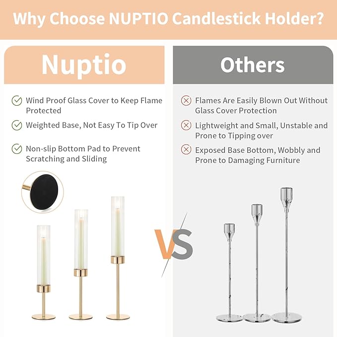 NUPTIO Hurricane Glass Candles Holder: 18 Pcs Gold Taper Candle Stick Holder - Image 5
