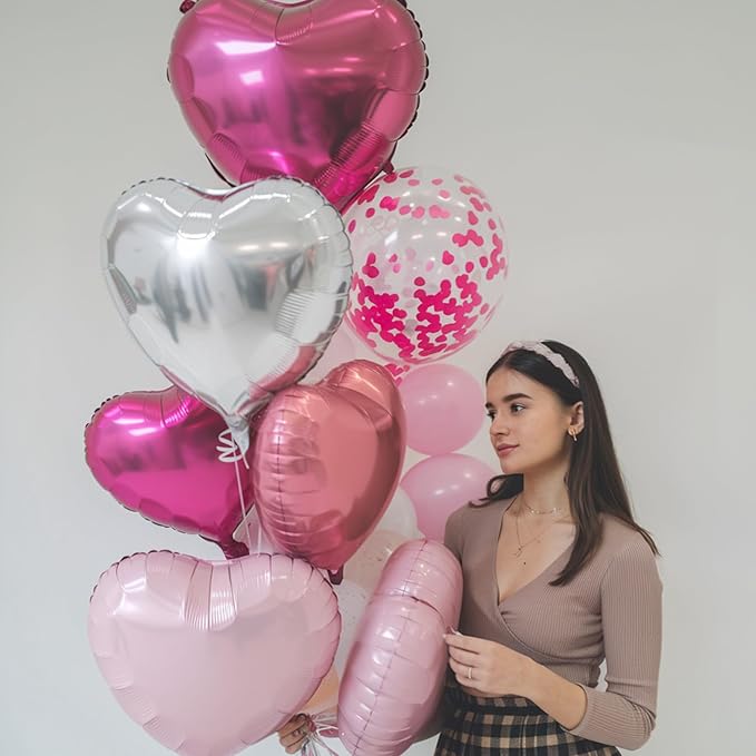 Rose Red Silver Heart Balloons, 18 Inch Light Pink and Silver Heart Shaped - Image 3