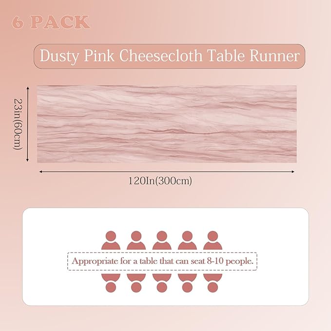 6 Pack Dusty Pink Cheesecloth Table Runner 23x120 inch Rustic Boho Gauze Table - Image 4