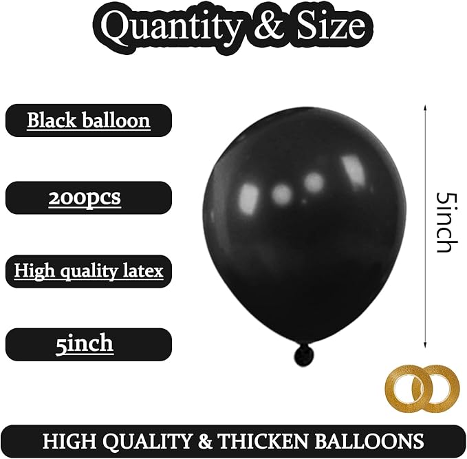 KAWKALSH 200pcs Black Balloons 5 Inch, Small Mini Latex Balloons - Image 2