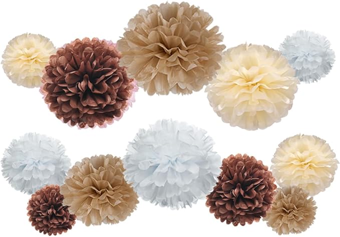 Brown Champagne Tan Ivory and White Tissue Paper Pom Poms Flower - Image 4
