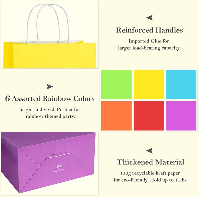 BagDream 48 Pieces 10x5x13 Assorted Gift Bags Rainbow Colors Kraft Paper Party - Image 2