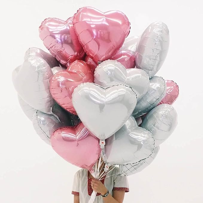 10Pcs Grey White Foil Heart Shaped Balloons 18 Inch Mylar - Image 4