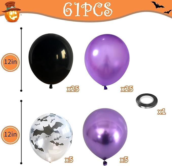 Halloween Balloons, Metallic Purple and Halloween Bat Printed Clear Balloon - Image 2