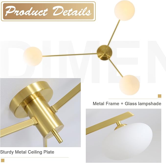 3-Light Gold Semi Flush Mount Ceiling Light, Modern Sputnik Chandelier - Image 4
