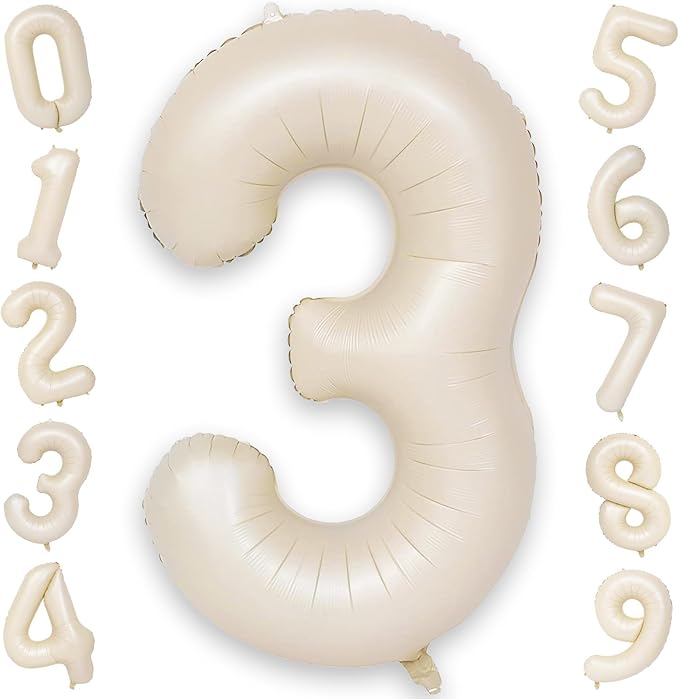 40 Inch Beige Numbers Balloons 3, Large Self Inflating Cream White Digit 3 by KAINSY