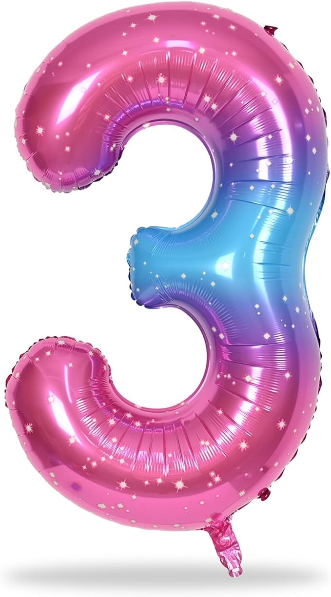 40 Inch Rainbow Large Numbers Balloons 3, Self Inflating Gradient Blue Pink - Image 8