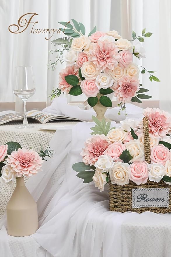 Floweroyal Artificial Pink Flowers Fake Rose Flowers Dahlia - Image 6
