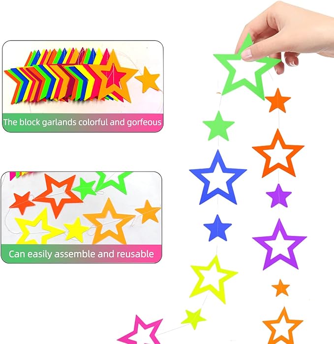 126feet UV Paper Garland Hollowed Star Neon Streamers Black Light Decorations - Image 5