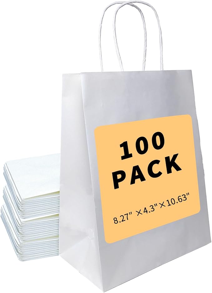 BAG BOX 100 Pack 8.25x4.3x10.6 Inch White Gift Bags by BAGBOX