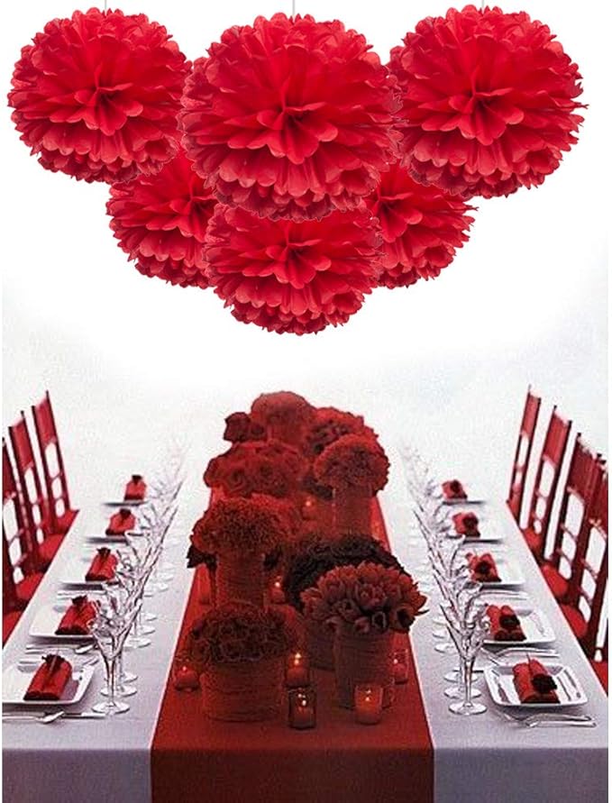 MOWO Red Paper Flower Tissue Pom Poms Party Supplies - Image 6