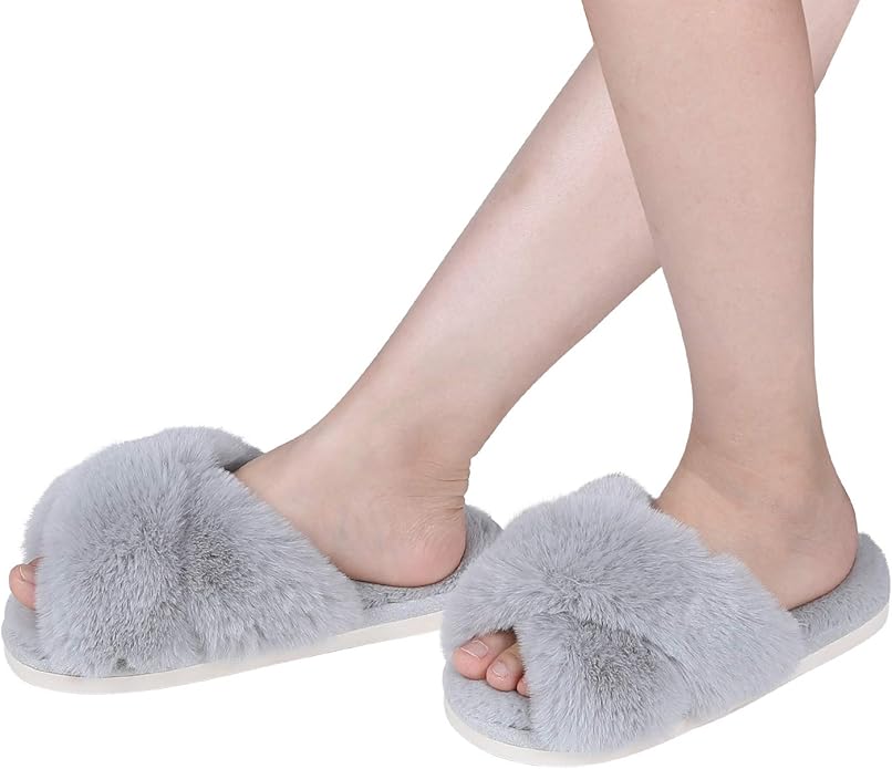 Evshine Women's Fuzzy Slippers Cross Band Memory Foam House Slippers Open Toe - Image 6
