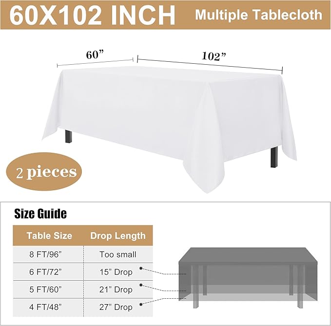 sancua 2 Pack White Tablecloth 60 x 102 Inch, Rectangle 6 Feet Table Cloth - Image 7