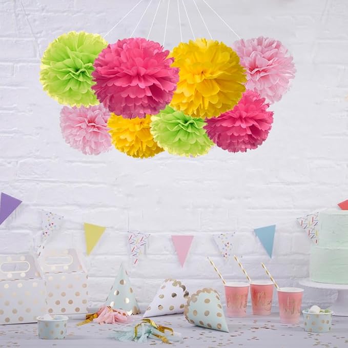 Hot Pink Yellow and Green Tissue Paper Pom Poms Flower - Image 3