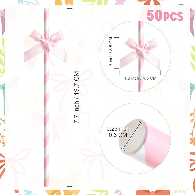 50 Pcs Pink Paper Straws for Drinking, Bow Disposable Striped Paper Straws Bulk - Image 3