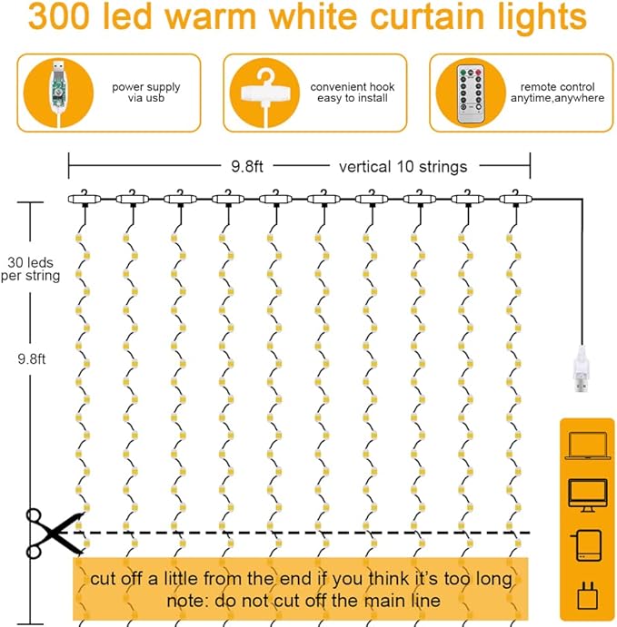 Vicloon Fairy Curtain Lights, Warm White LED 8 Mode 9.8x9.8Ft Waterproof - Image 2