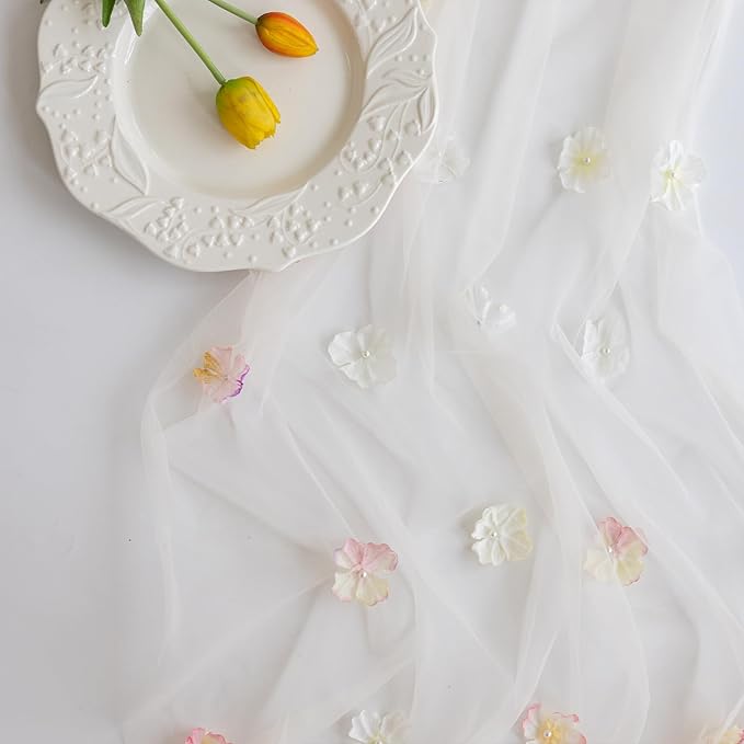 Romantic Artificial Floral Table Runner 10ft Gauze Tulle Lace Table Runner Set - Image 7