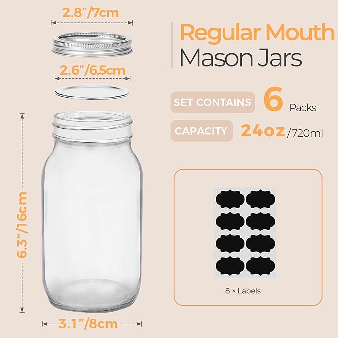 ComSaf 24 oz Mason Jars Regular Mouth 6 Pcs, Large Canning Jars - Image 2