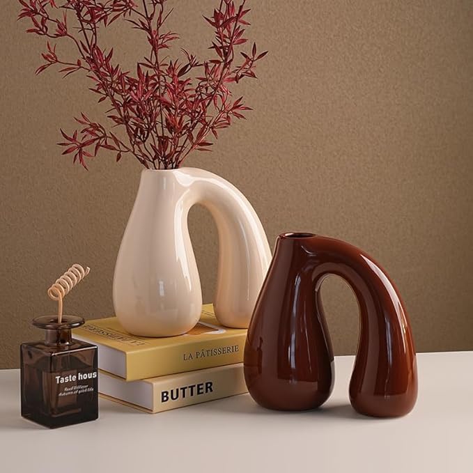 Brown Ceramic Vase – Glossy Modern Sculptural Décor, Arch Handle Artistic Design - Image 9