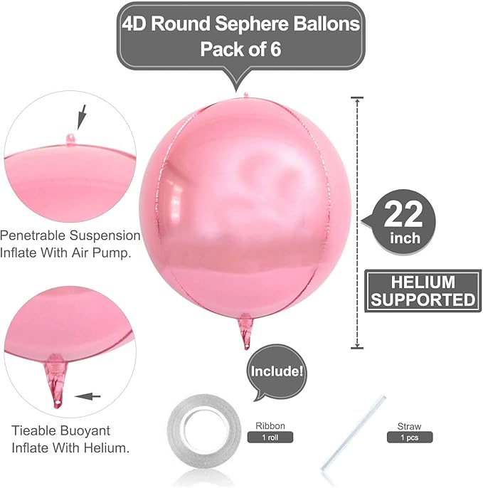 6 Pack Pearl Pink 22 Inch 4D Foil Balloons Big 360 Degree Round Sephere Mylar - Image 2