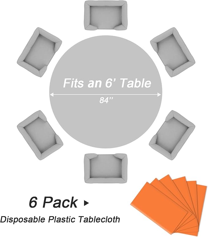 QIKSION Orange Round Tablecloth 6 Pack, 84 Inch Plastic Table Cover Disposable - Image 5