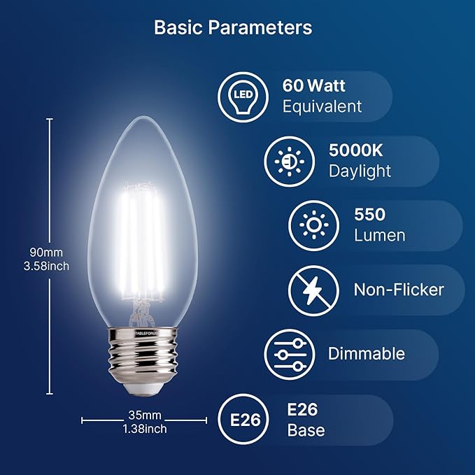 FLSNT 5000K Daylight Dimmable LED Candelabra Bulbs, 60W Equivalent, B11 E26 - Image 2