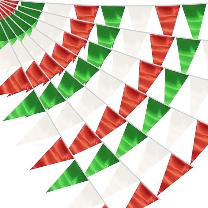40M/130FT White Green Red Triangle Pennant Banner Flag Metallic Fabric Bunting by raqieden