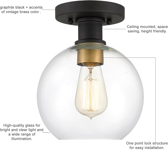 Dan Modern Farmhouse 1-Light Flush Mount Ceiling Light Clear Glass Globe Black - Image 5