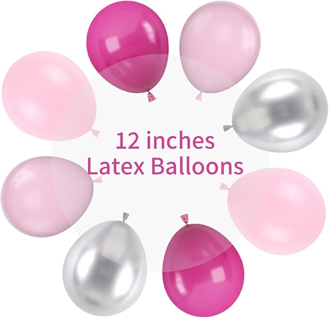 Pink and Silver Balloons, 12 Inch Hot Pink Pastel Latex Balloon Metallic Chrome - Image 2