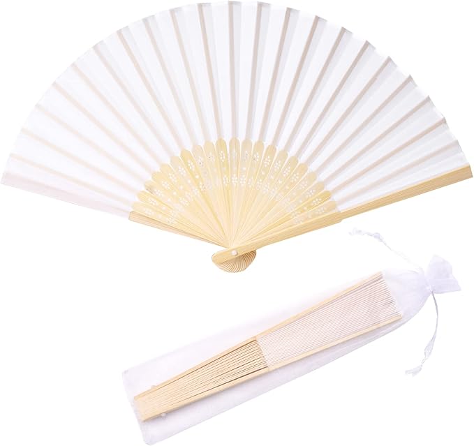 24pcs White Imitated Silk Hand Fan Imitated Silk Fabric Bamboo Handheld Folded by SLcrafts