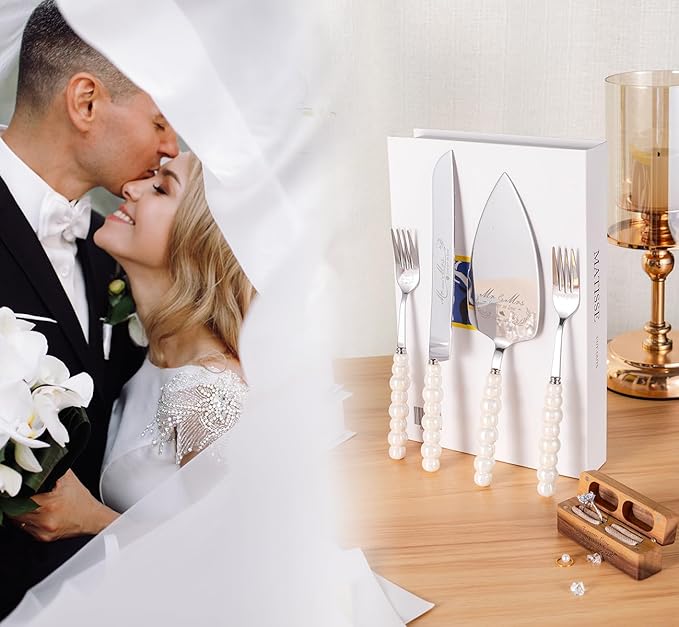 Wedding Cake Knife and Server Set, Ceramic Pearl Handle Cake Cutting Set - Image 5