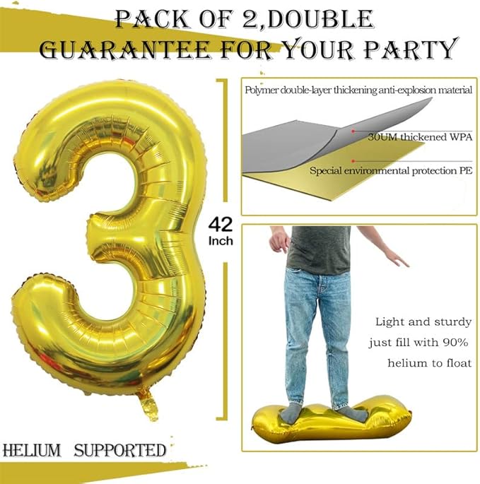 GOER Gold Foil Balloons Number 3, Huge Number Balloons - Image 3