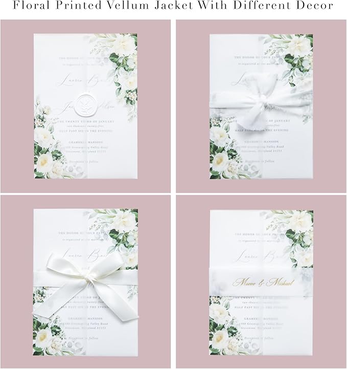 PONATIA 50 PCS Vellum Jackets for 5x7 Invitations- 135gsm White Floral Printed - Image 3