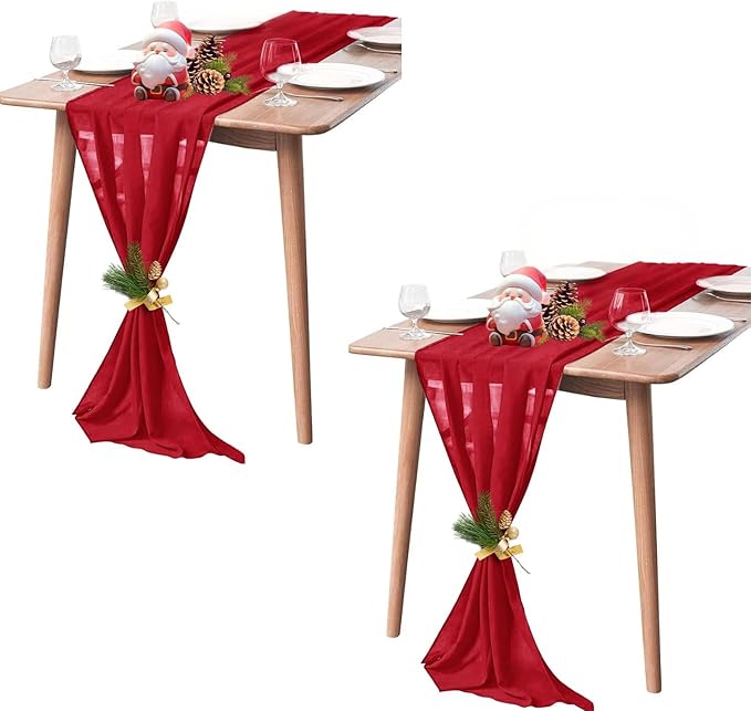 2 Pack 10Ft Red Chiffon Table Runner Sheer 29x120 Inch by Pufogu