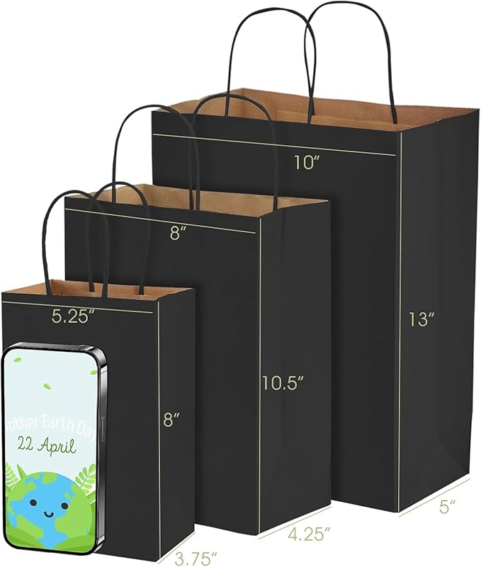 MESHA Gift Paper Bags 500 PACK 5.25x3.75x8'' Black Medium Shopping Kraft Bags - Image 2