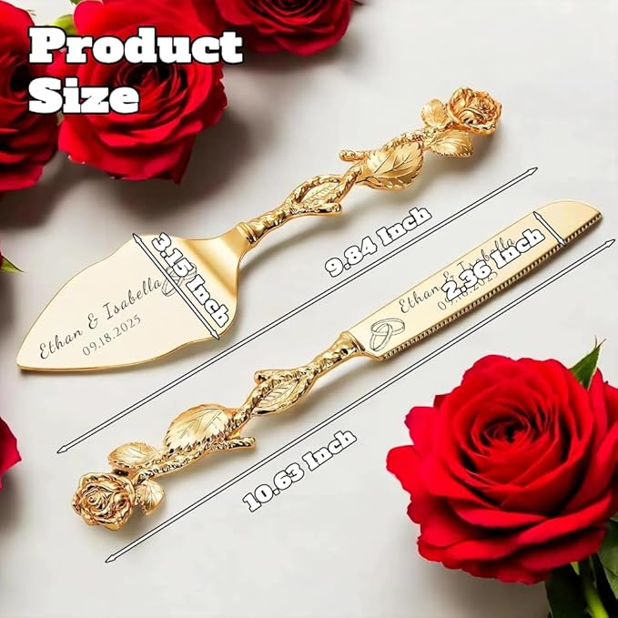 Engraved Personalized Gold Wedding Cake Knife and Server Set - Image 2