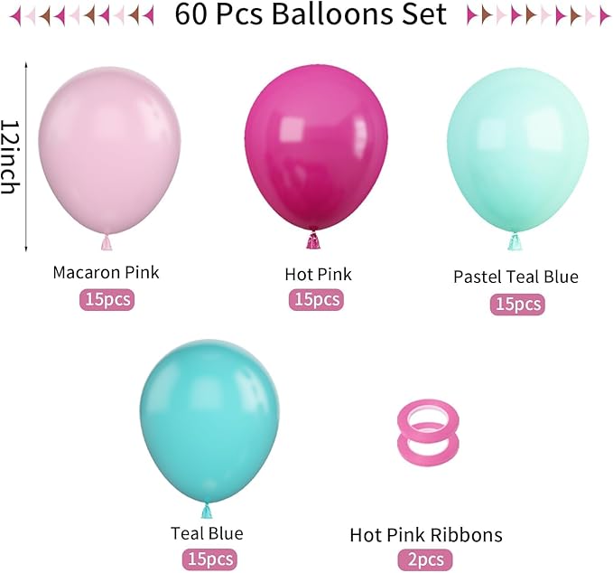 Pink Blue Balloons, 12 Inch Hot Pink Confetti Helium Balloon Rose Red Turquoise - Image 2