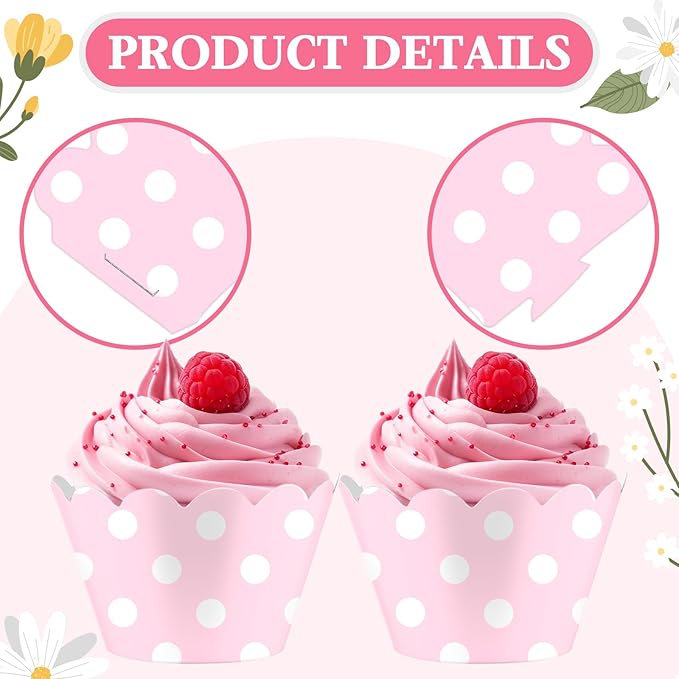 Domensi 100 Pcs Pink Polka Dots Cupcake Wrappers Rustic Cupcake Liners Baking - Image 4