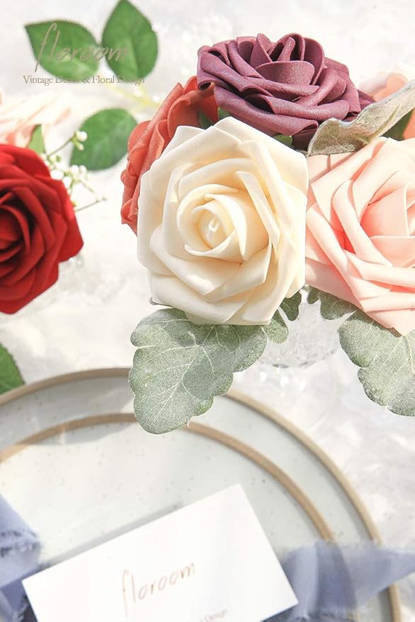 Floroom Artificial Flowers 25pcs Real Looking Champagne Foam Fake Roses - Image 3