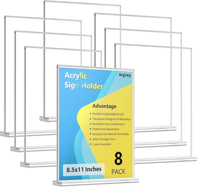 8 Pack Acrylic Sign Holder 8.5 x 11 Vertical by Argvey